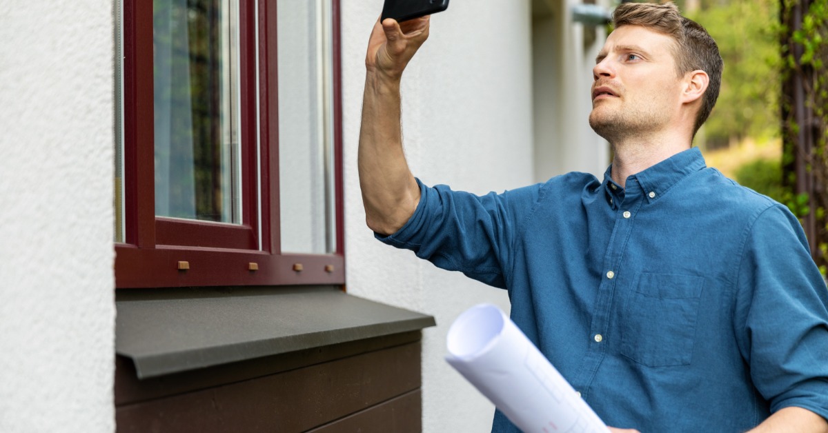 A man stands outside a house holding a smartphone up toward a window. He carries rolled blueprints in his other hand.