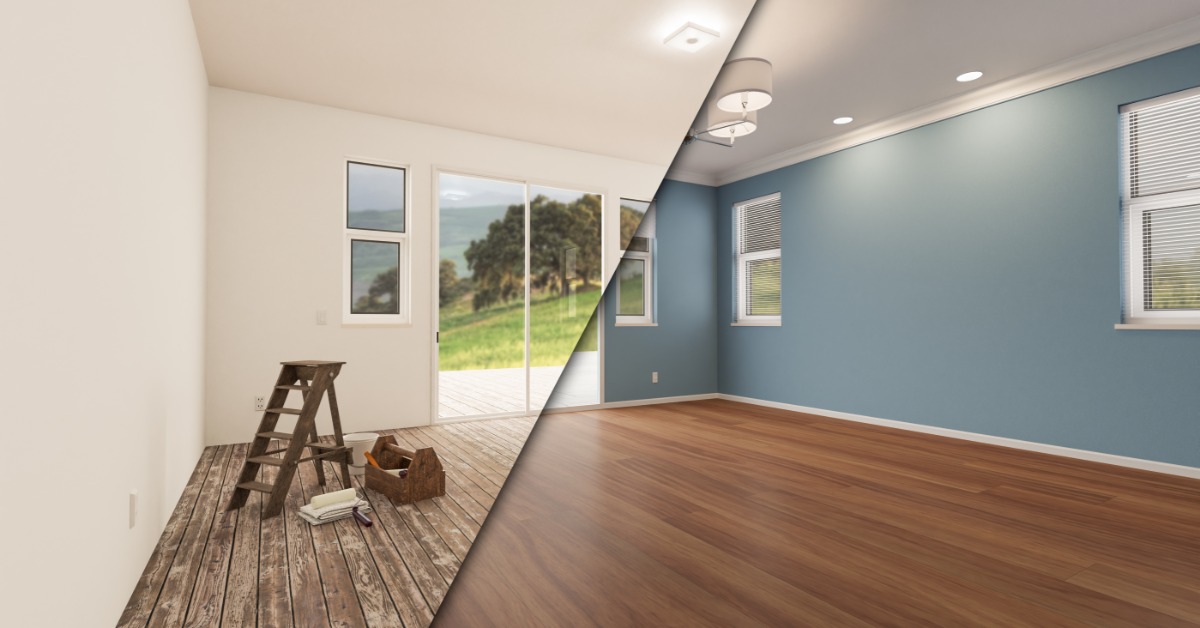 A split image of a room before and after renovations. The right side displays updated flooring and walls painted blue.