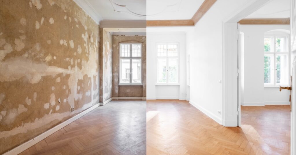 A split image shows the same empty room before and after renovation. The room has tall windows and a decorated ceiling.