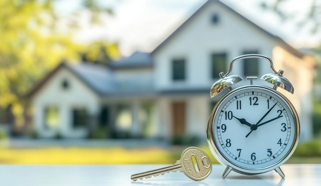 A metal alarm clock stands beside a single key in the foreground. A house and trees are out of focus behind them.